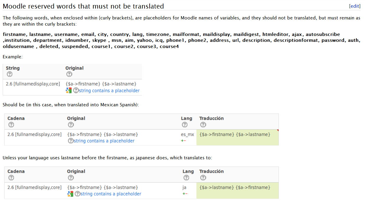 Moodle DOcs reserved words